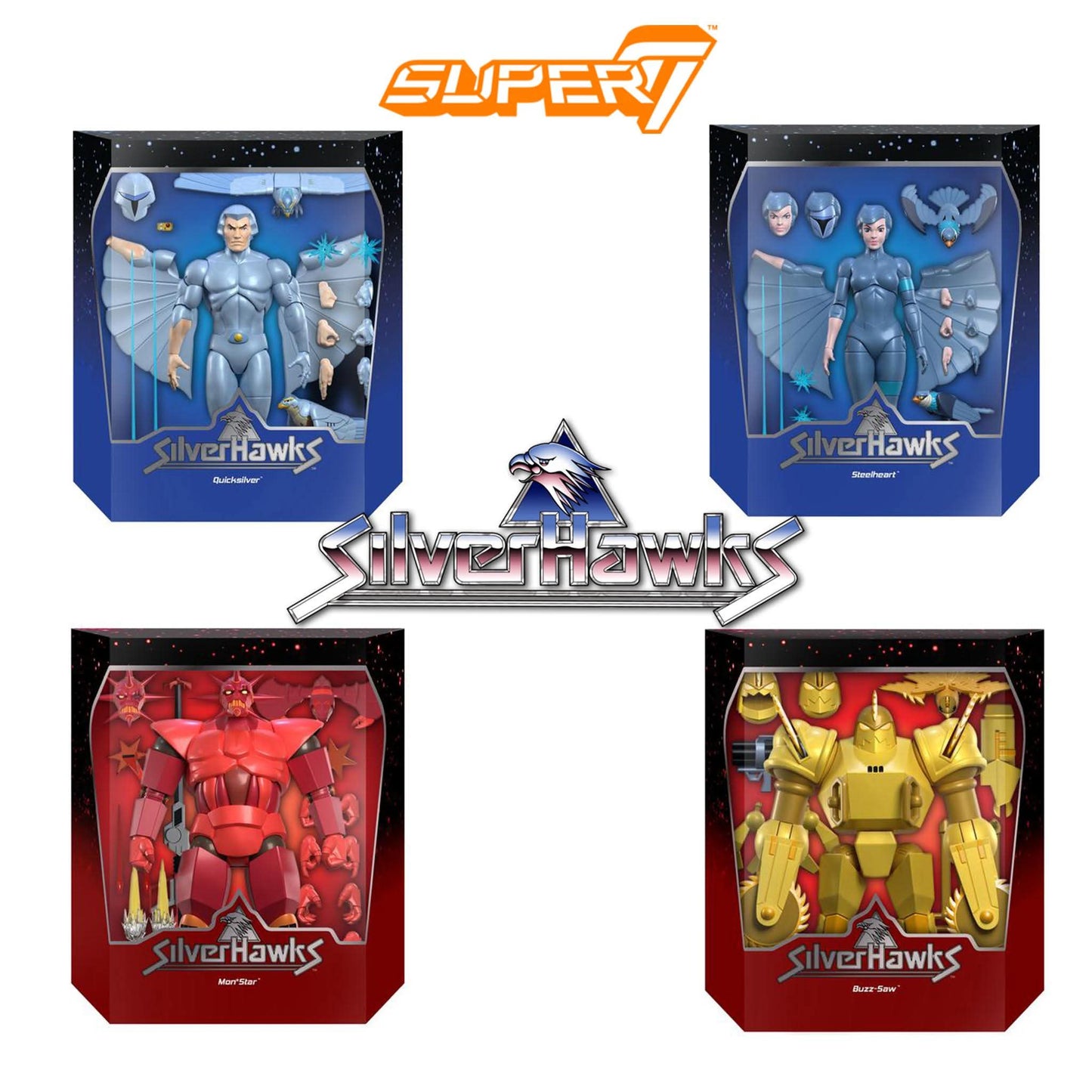 SILVERHAWKS WAVE 1 QUICKSILVER STEELHEART BUZZ SAW Y MONSTAR CON  ARMADURA SUPER7